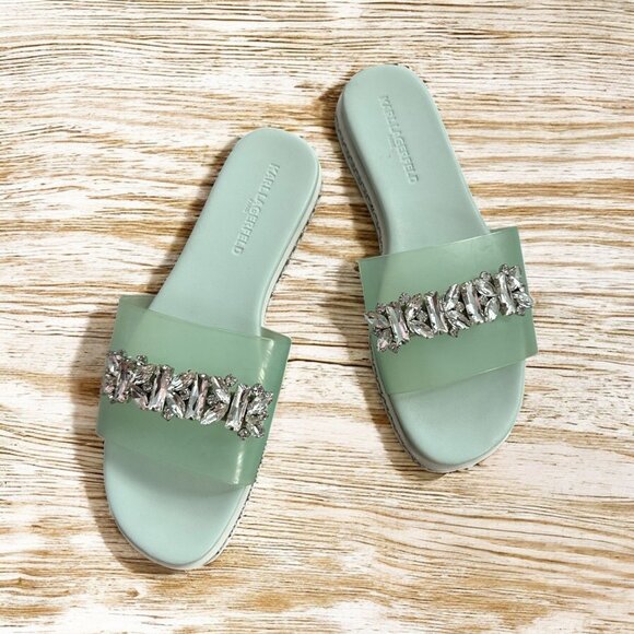 KARL LAGERFELD Mint Green Jeweled Rhinestone Slide Sandals Size 7 - Picture 1 of 10